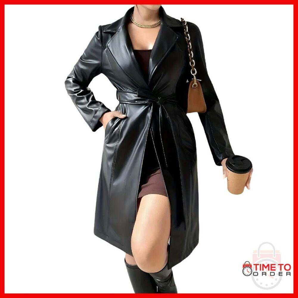 Women's Long Leather Trench Coat with Belt, Motorcycle Style Jacket
